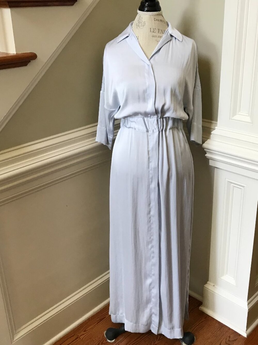 Christine Alcalay Maxi Shirt Dress Womens XS Light Blue 3/4 Sleeve Button Down